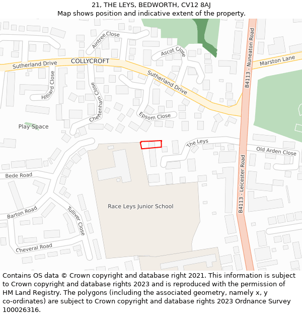 21, THE LEYS, BEDWORTH, CV12 8AJ: Location map and indicative extent of plot