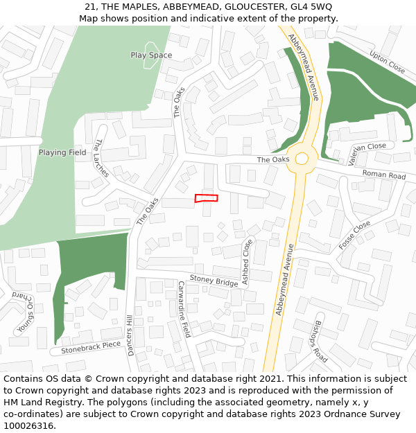 21, THE MAPLES, ABBEYMEAD, GLOUCESTER, GL4 5WQ: Location map and indicative extent of plot