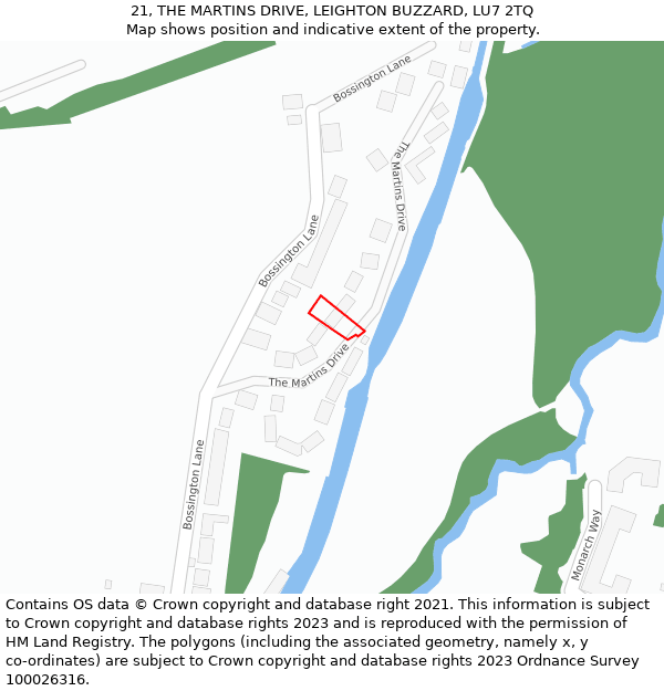 21, THE MARTINS DRIVE, LEIGHTON BUZZARD, LU7 2TQ: Location map and indicative extent of plot