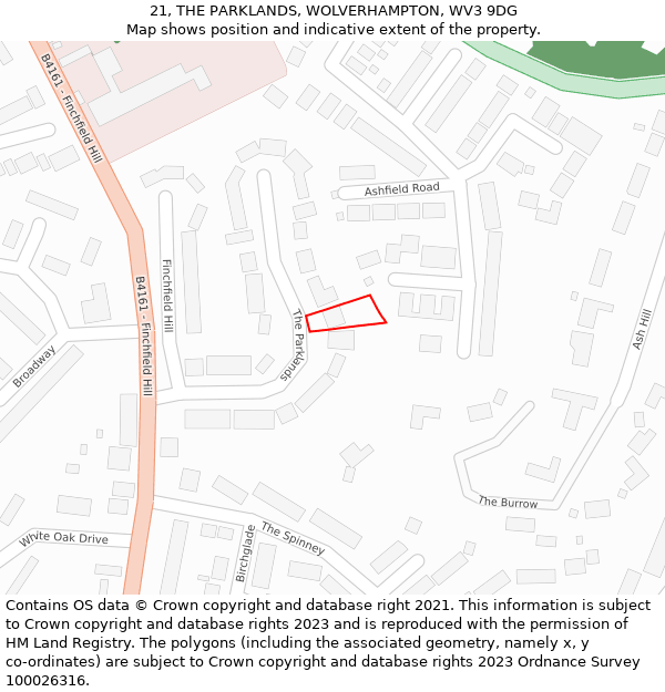 21, THE PARKLANDS, WOLVERHAMPTON, WV3 9DG: Location map and indicative extent of plot