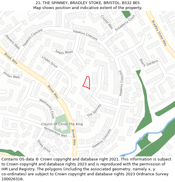 21, THE SPINNEY, BRADLEY STOKE, BRISTOL, BS32 8ES: Location map and indicative extent of plot