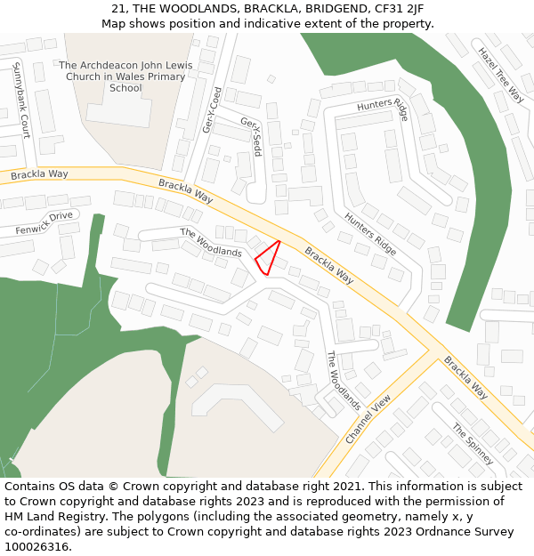 21, THE WOODLANDS, BRACKLA, BRIDGEND, CF31 2JF: Location map and indicative extent of plot