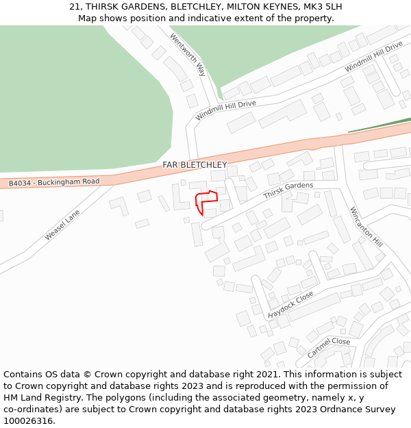 21, THIRSK GARDENS, BLETCHLEY, MILTON KEYNES, MK3 5LH: Location map and indicative extent of plot