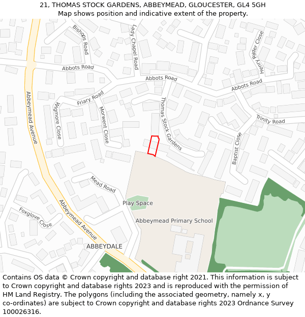 21, THOMAS STOCK GARDENS, ABBEYMEAD, GLOUCESTER, GL4 5GH: Location map and indicative extent of plot