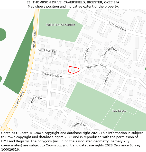 21, THOMPSON DRIVE, CAVERSFIELD, BICESTER, OX27 8FA: Location map and indicative extent of plot