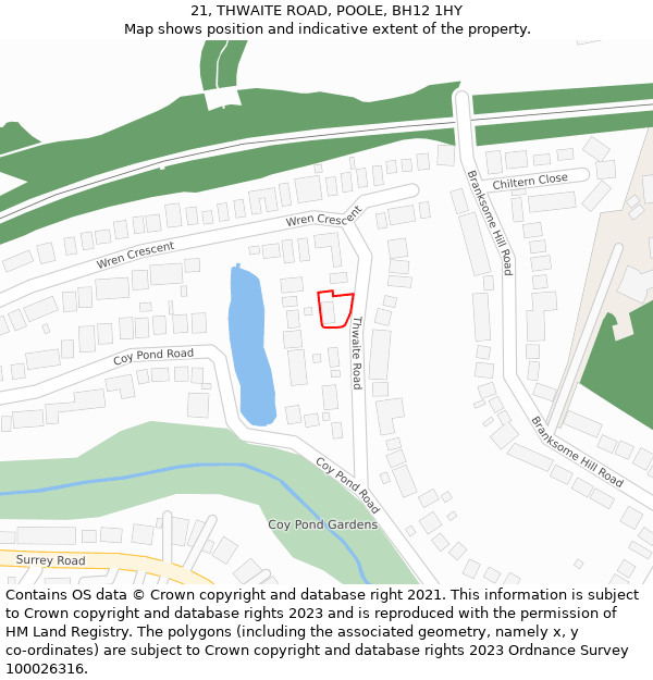 21, THWAITE ROAD, POOLE, BH12 1HY: Location map and indicative extent of plot