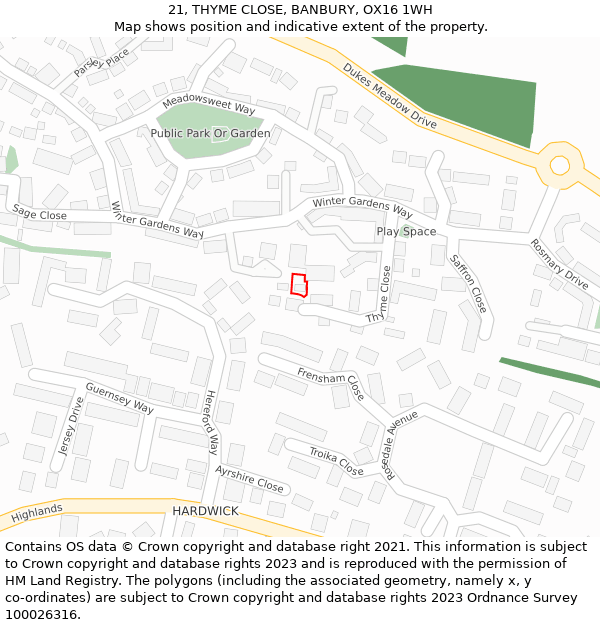 21, THYME CLOSE, BANBURY, OX16 1WH: Location map and indicative extent of plot