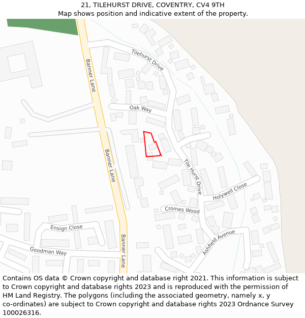 21, TILEHURST DRIVE, COVENTRY, CV4 9TH: Location map and indicative extent of plot