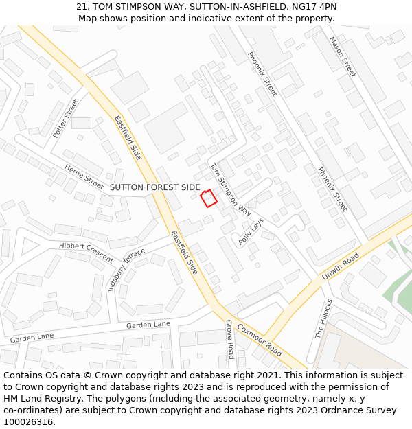 21, TOM STIMPSON WAY, SUTTON-IN-ASHFIELD, NG17 4PN: Location map and indicative extent of plot