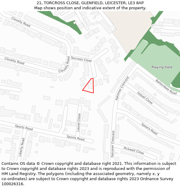 21, TORCROSS CLOSE, GLENFIELD, LEICESTER, LE3 8AP: Location map and indicative extent of plot