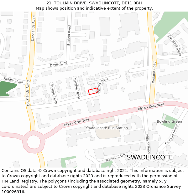 21, TOULMIN DRIVE, SWADLINCOTE, DE11 0BH: Location map and indicative extent of plot