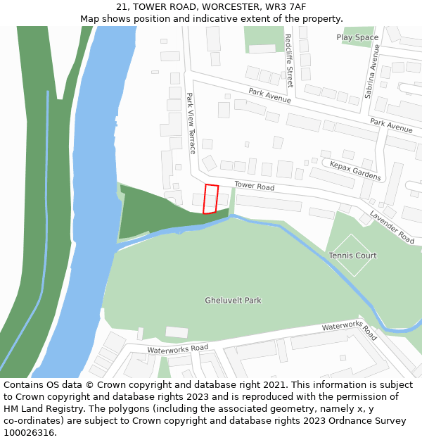 21, TOWER ROAD, WORCESTER, WR3 7AF: Location map and indicative extent of plot