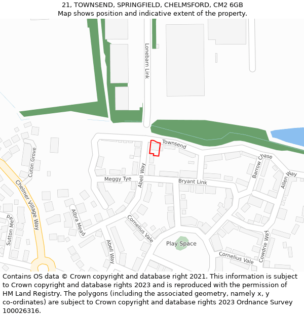 21, TOWNSEND, SPRINGFIELD, CHELMSFORD, CM2 6GB: Location map and indicative extent of plot