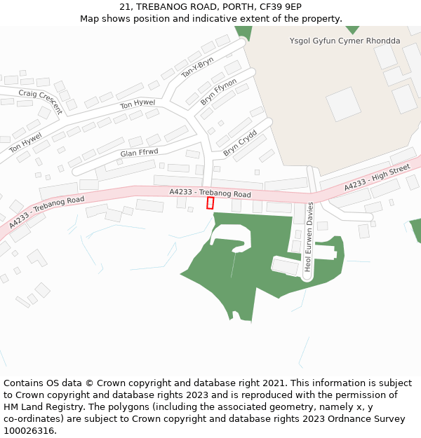 21, TREBANOG ROAD, PORTH, CF39 9EP: Location map and indicative extent of plot