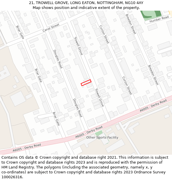 21, TROWELL GROVE, LONG EATON, NOTTINGHAM, NG10 4AY: Location map and indicative extent of plot