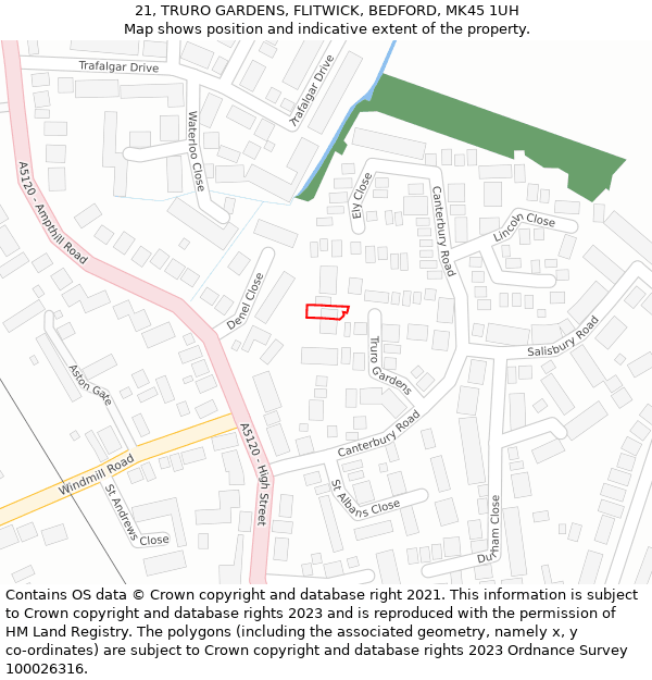 21, TRURO GARDENS, FLITWICK, BEDFORD, MK45 1UH: Location map and indicative extent of plot