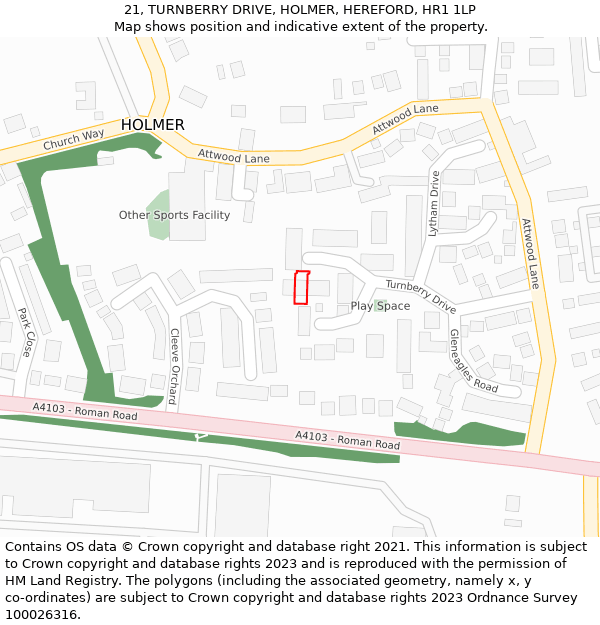 21, TURNBERRY DRIVE, HOLMER, HEREFORD, HR1 1LP: Location map and indicative extent of plot