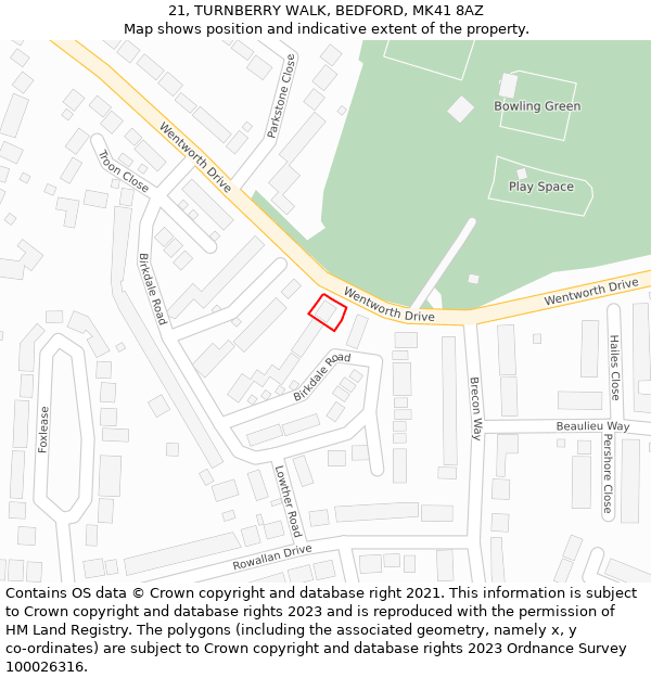 21, TURNBERRY WALK, BEDFORD, MK41 8AZ: Location map and indicative extent of plot