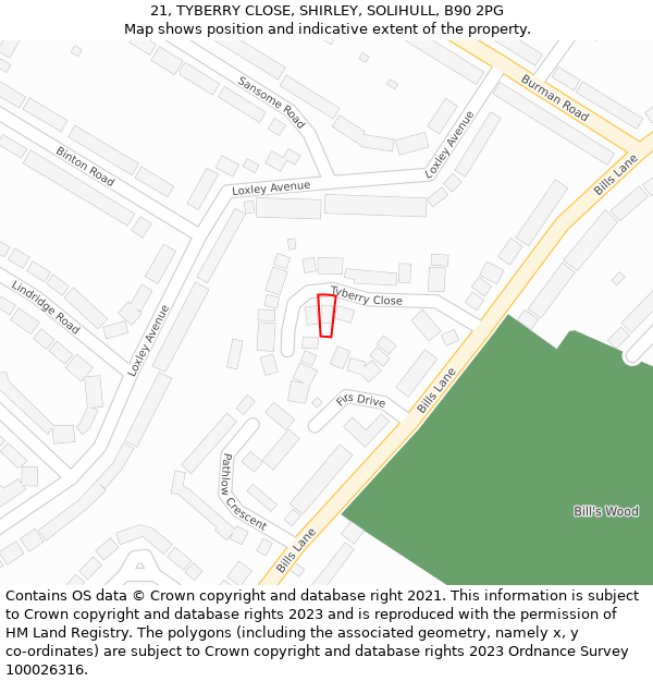 21, TYBERRY CLOSE, SHIRLEY, SOLIHULL, B90 2PG: Location map and indicative extent of plot