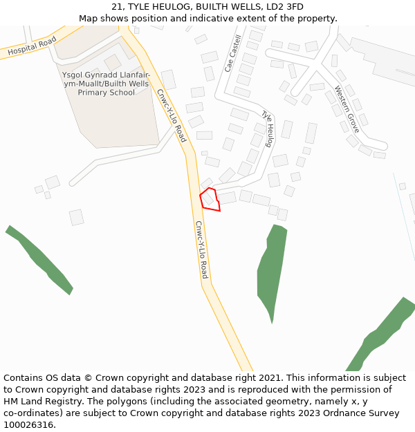 21, TYLE HEULOG, BUILTH WELLS, LD2 3FD: Location map and indicative extent of plot