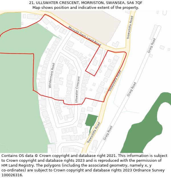 21, ULLSWATER CRESCENT, MORRISTON, SWANSEA, SA6 7QF: Location map and indicative extent of plot