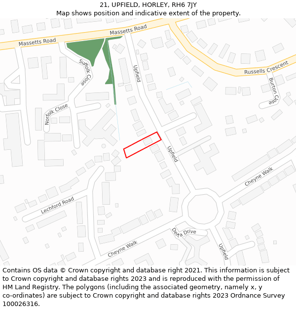 21, UPFIELD, HORLEY, RH6 7JY: Location map and indicative extent of plot