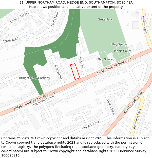 21, UPPER NORTHAM ROAD, HEDGE END, SOUTHAMPTON, SO30 4EA: Location map and indicative extent of plot