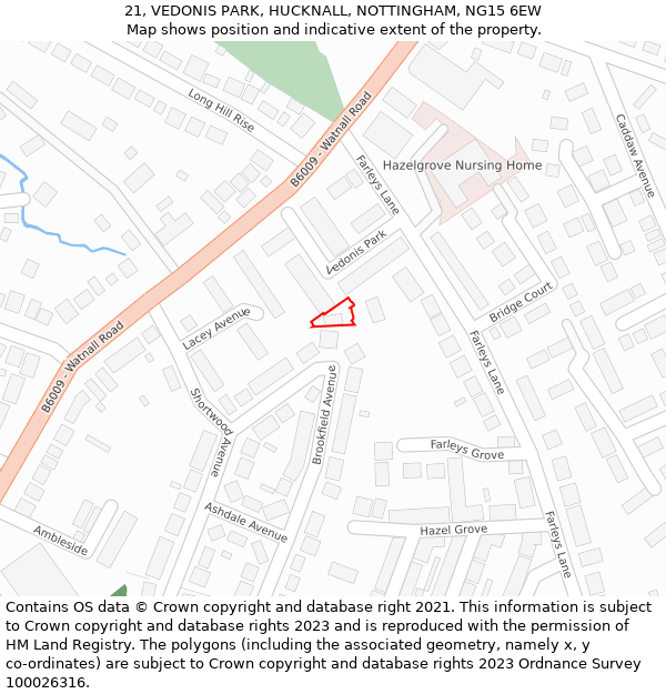 21, VEDONIS PARK, HUCKNALL, NOTTINGHAM, NG15 6EW: Location map and indicative extent of plot