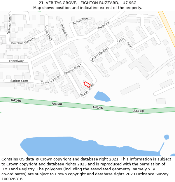 21, VERITAS GROVE, LEIGHTON BUZZARD, LU7 9SG: Location map and indicative extent of plot