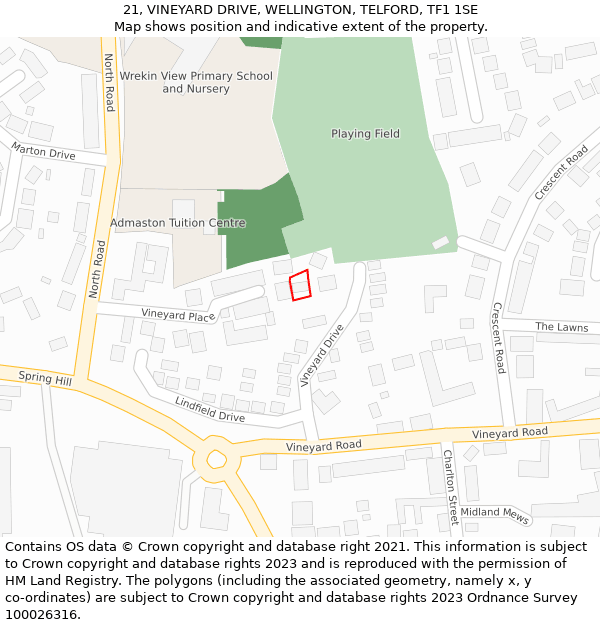 21, VINEYARD DRIVE, WELLINGTON, TELFORD, TF1 1SE: Location map and indicative extent of plot