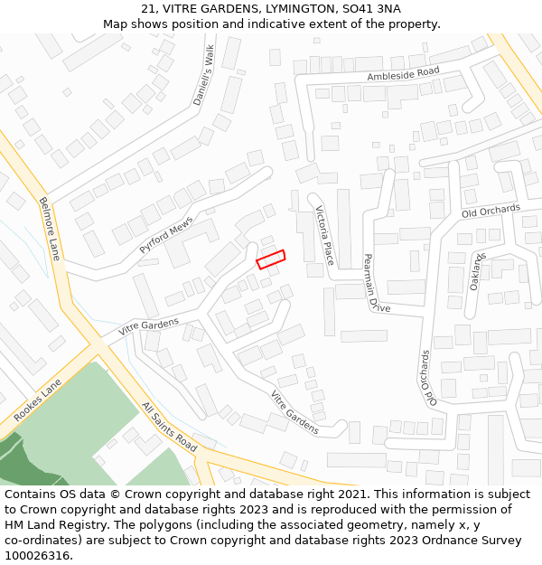 21, VITRE GARDENS, LYMINGTON, SO41 3NA: Location map and indicative extent of plot