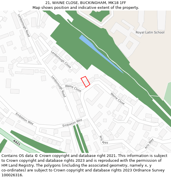 21, WAINE CLOSE, BUCKINGHAM, MK18 1FF: Location map and indicative extent of plot