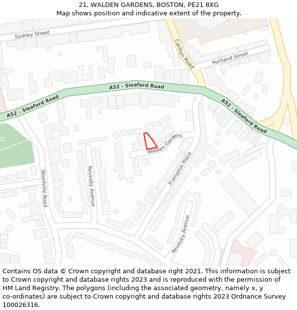 21, WALDEN GARDENS, BOSTON, PE21 8XG: Location map and indicative extent of plot