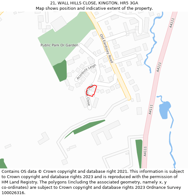 21, WALL HILLS CLOSE, KINGTON, HR5 3GA: Location map and indicative extent of plot