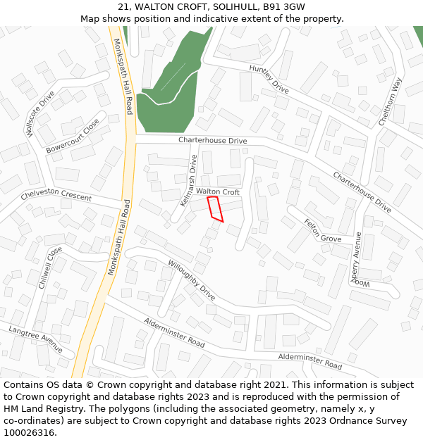 21, WALTON CROFT, SOLIHULL, B91 3GW: Location map and indicative extent of plot