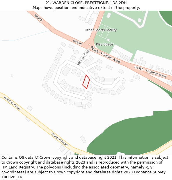 21, WARDEN CLOSE, PRESTEIGNE, LD8 2DH: Location map and indicative extent of plot