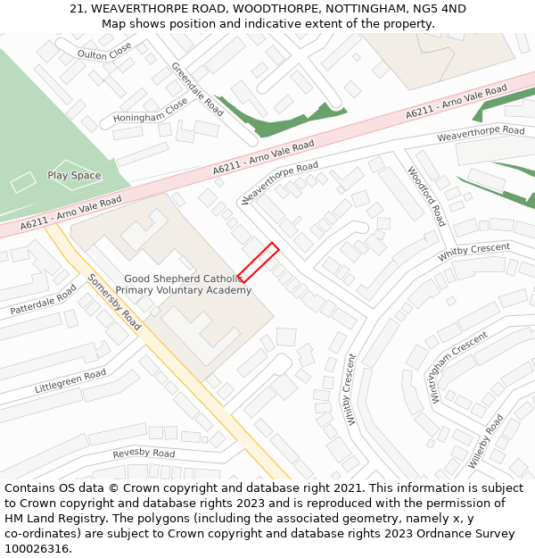 21, WEAVERTHORPE ROAD, WOODTHORPE, NOTTINGHAM, NG5 4ND: Location map and indicative extent of plot