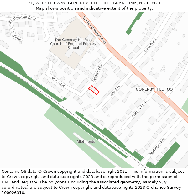 21, WEBSTER WAY, GONERBY HILL FOOT, GRANTHAM, NG31 8GH: Location map and indicative extent of plot