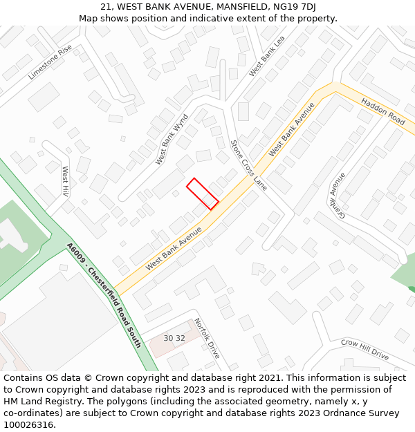 21, WEST BANK AVENUE, MANSFIELD, NG19 7DJ: Location map and indicative extent of plot