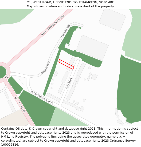 21, WEST ROAD, HEDGE END, SOUTHAMPTON, SO30 4BE: Location map and indicative extent of plot