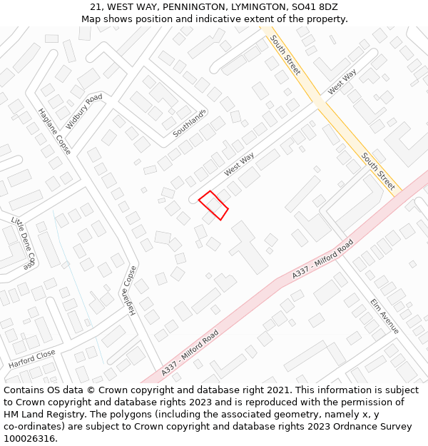 21, WEST WAY, PENNINGTON, LYMINGTON, SO41 8DZ: Location map and indicative extent of plot