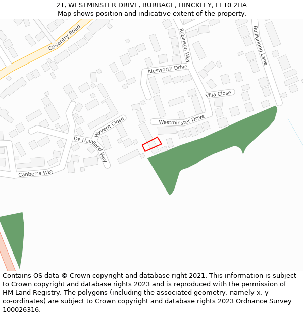21, WESTMINSTER DRIVE, BURBAGE, HINCKLEY, LE10 2HA: Location map and indicative extent of plot