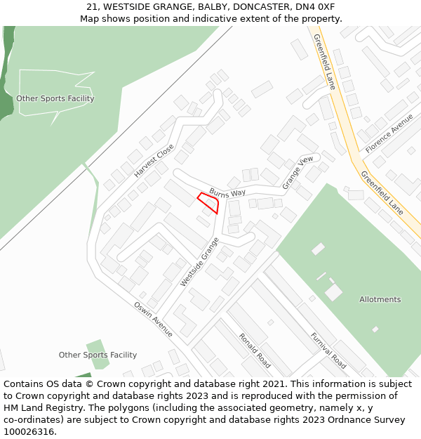 21, WESTSIDE GRANGE, BALBY, DONCASTER, DN4 0XF: Location map and indicative extent of plot