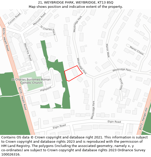 21, WEYBRIDGE PARK, WEYBRIDGE, KT13 8SQ: Location map and indicative extent of plot