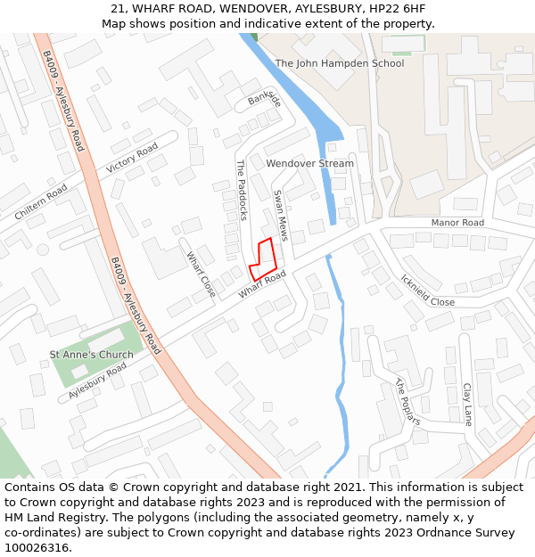 21, WHARF ROAD, WENDOVER, AYLESBURY, HP22 6HF: Location map and indicative extent of plot