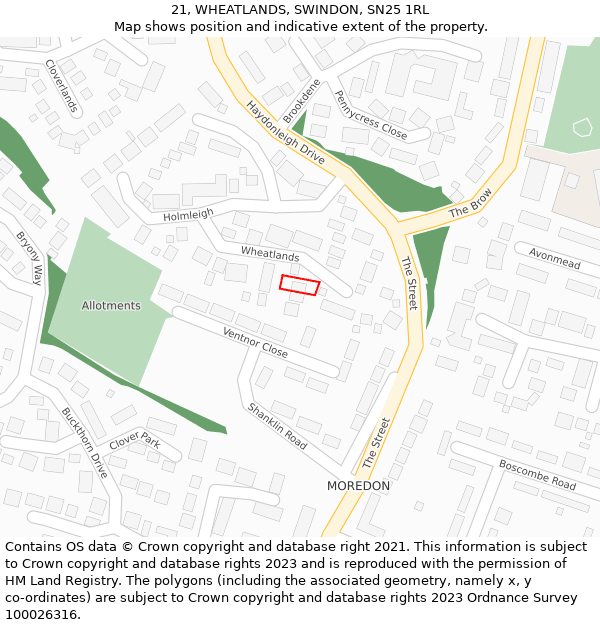 21, WHEATLANDS, SWINDON, SN25 1RL: Location map and indicative extent of plot