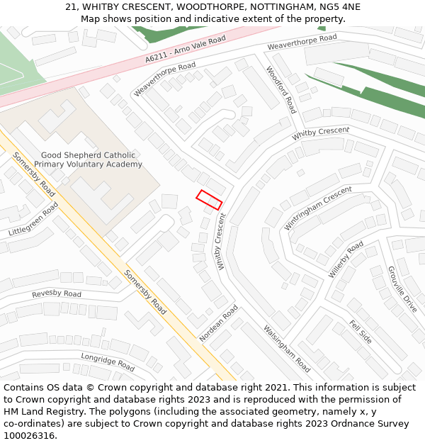 21, WHITBY CRESCENT, WOODTHORPE, NOTTINGHAM, NG5 4NE: Location map and indicative extent of plot