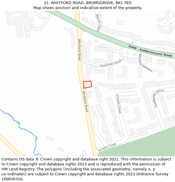 21, WHITFORD ROAD, BROMSGROVE, B61 7ED: Location map and indicative extent of plot