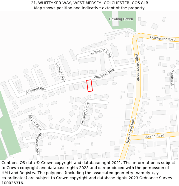 21, WHITTAKER WAY, WEST MERSEA, COLCHESTER, CO5 8LB: Location map and indicative extent of plot