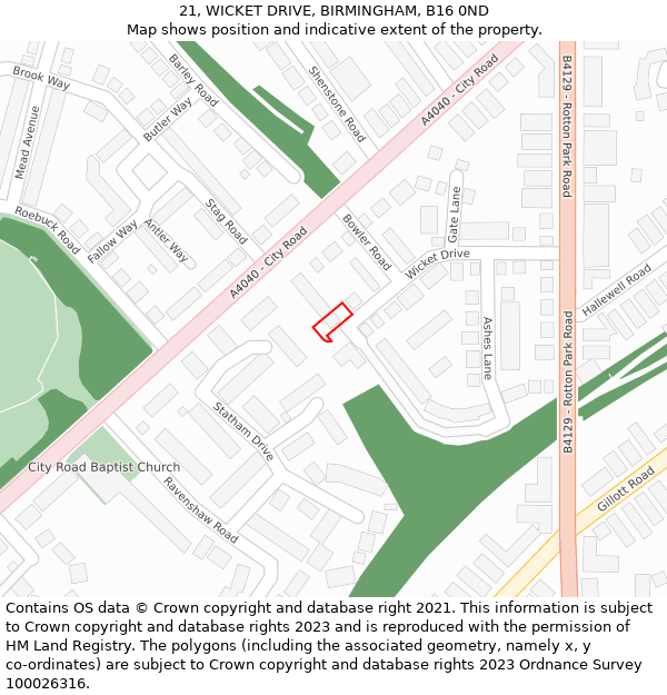 21, WICKET DRIVE, BIRMINGHAM, B16 0ND: Location map and indicative extent of plot